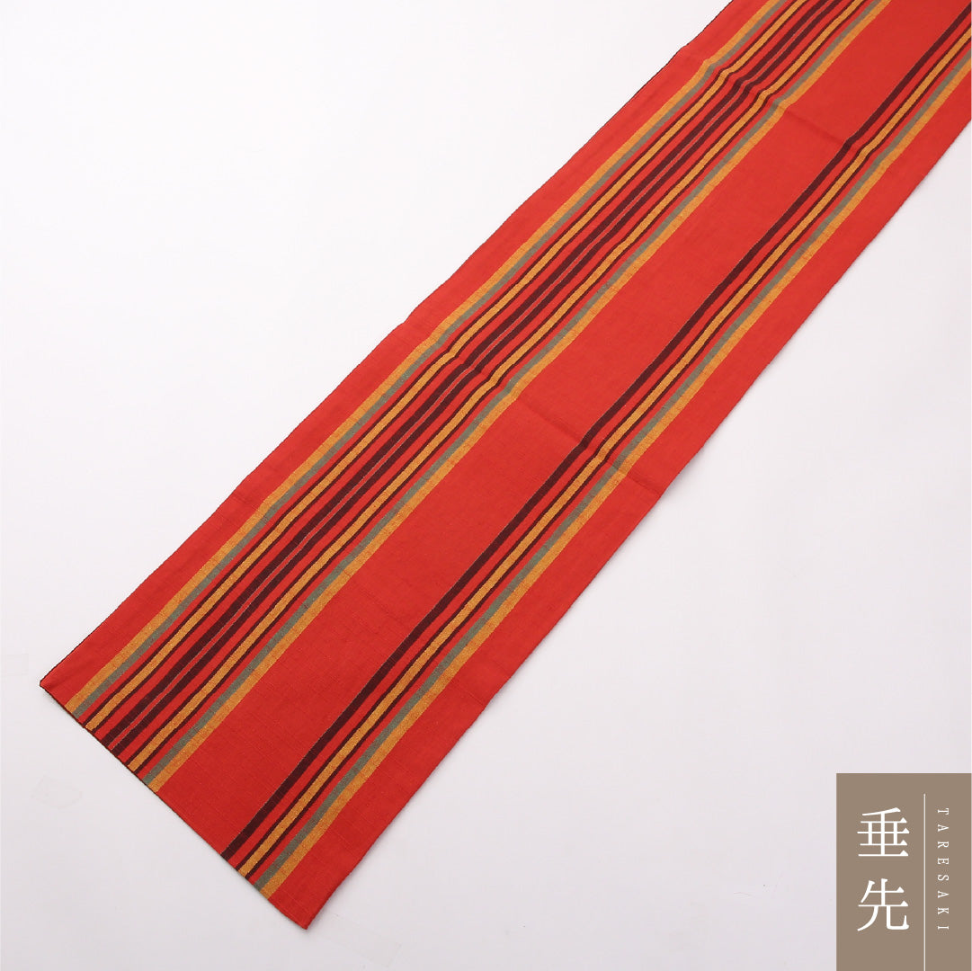 名古屋帯 紬地 遠州綿紬 全通 未仕立て 帯丈384cm カジュアル Sランク 木綿 縞 朱系 1224-02408
