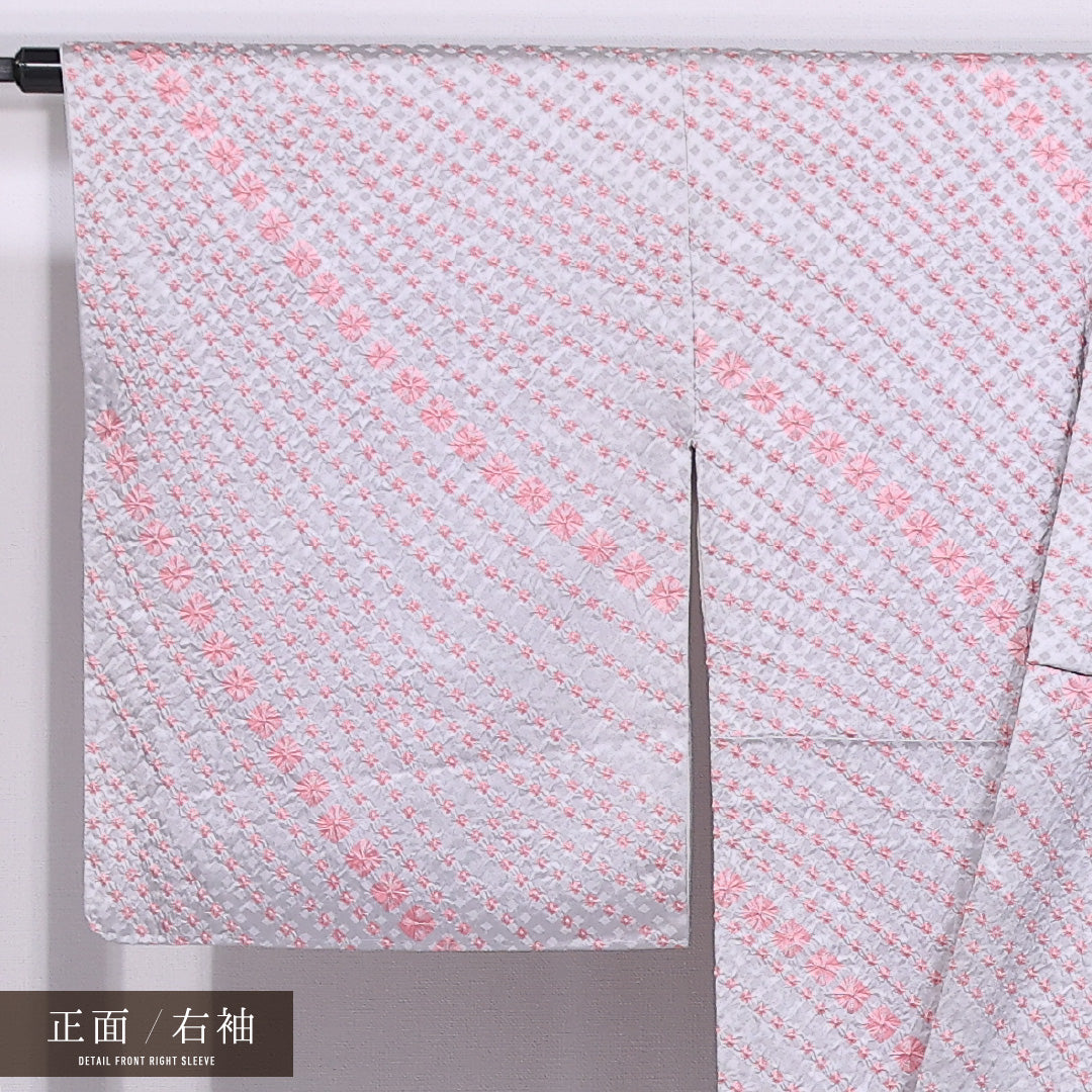 小紋 袷 身丈163cm 裄丈66cm 正絹 Aランク インフォーマル 広衿 Lサイズ 創作柄 グレー系 HP 1221-11585