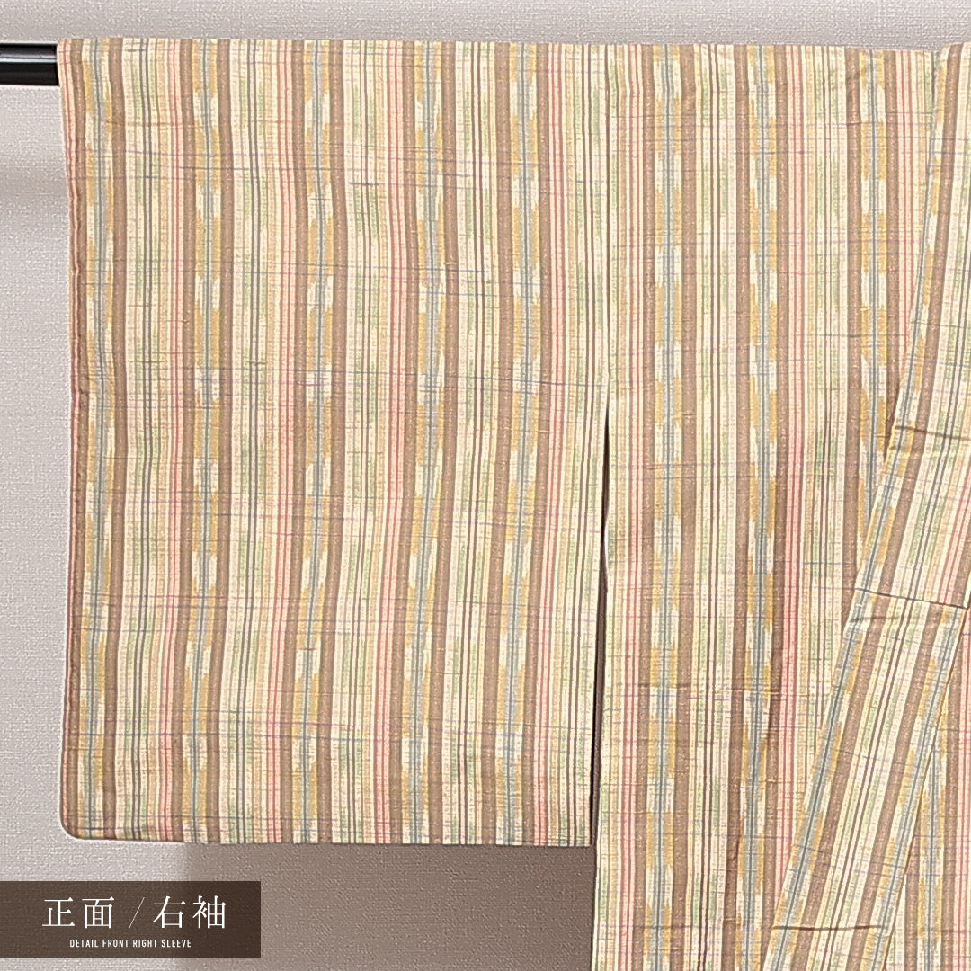 紬 袷 身丈155cm 裄丈61cm 正絹 Sランク Mサイズ バチ衿 カジュアル 縞 クリーム系 黄系 1216-14834