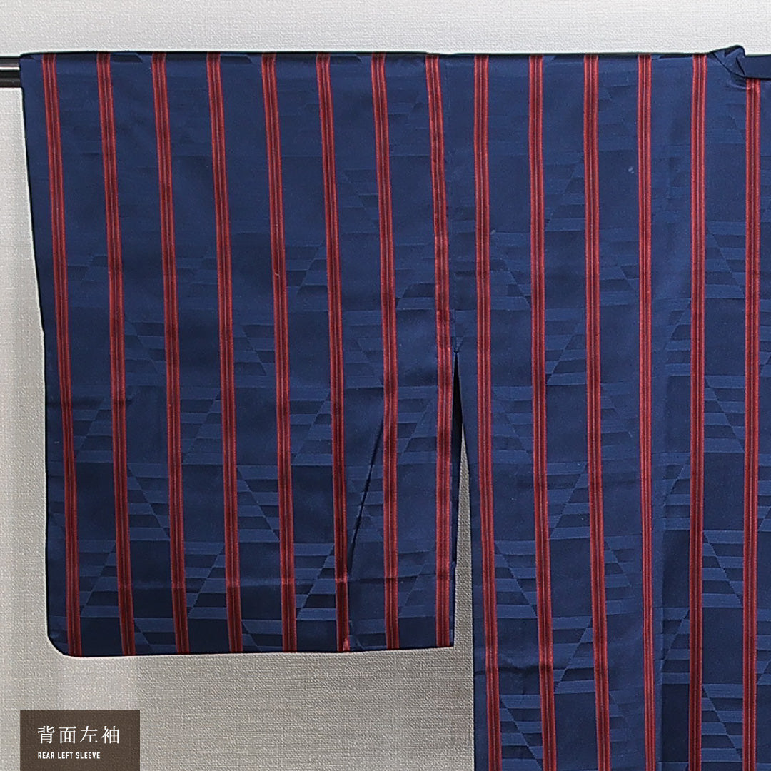 道行コート 袷 身丈128cm 裄丈63cm 正絹 Sランク セミフォーマル Sサイズ ポケットあり 縞 紺系 RP 1237-14841