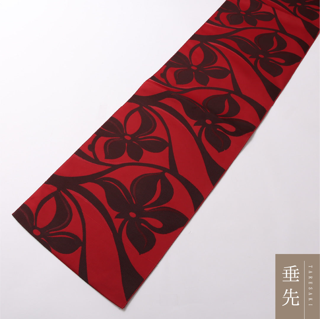 八寸名古屋帯 Sランク 帯丈372cm 正絹 六通 開き仕立て 染め カジュアル 塩瀬 花柄 赤系 LP 1245-02962