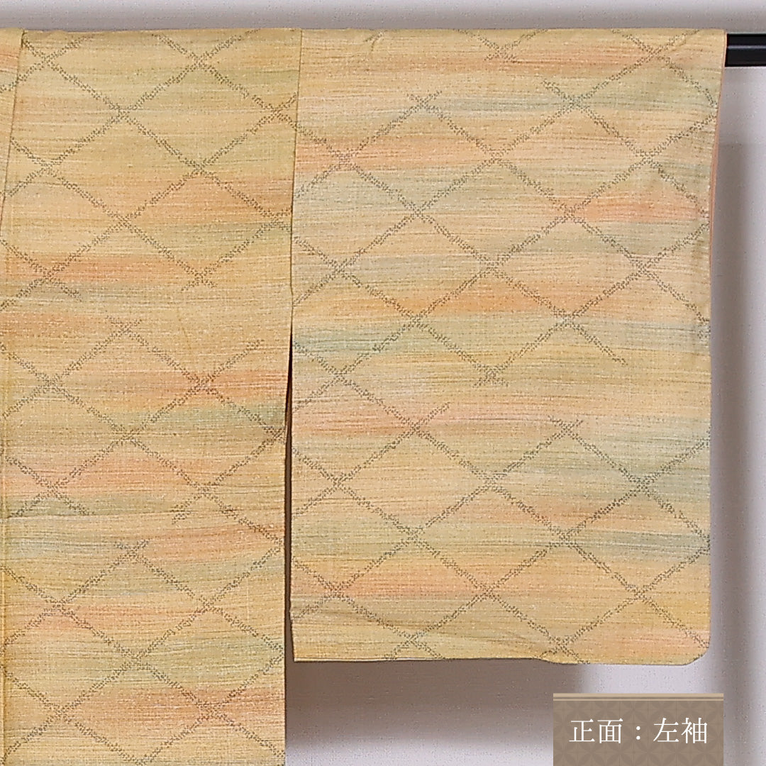 紬 袷 身丈154.5cm 裄62.5cm 正絹 真綿紬 格子 黄系 Aランク 1216-01439