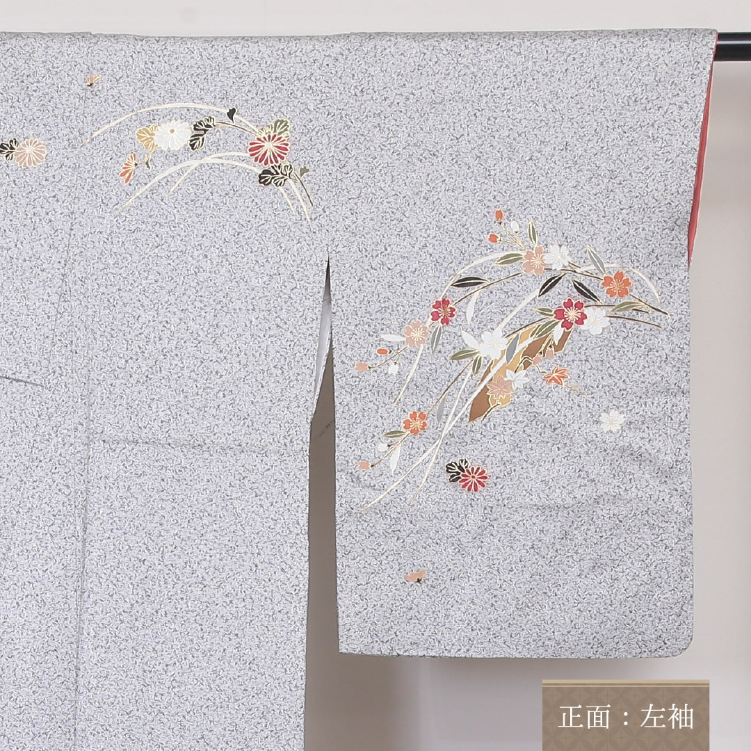 訪問着 袷 身丈159cm 裄丈64cm 正絹 Sランク セミフォーマル 広衿 Mサイズ たたき染め 金彩 桜 グレー系 RP 1217-04523