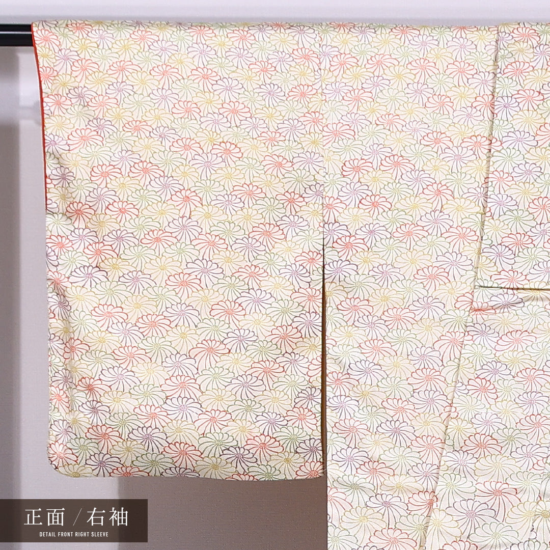 小紋 袷 身丈158cm 裄丈62cm 正絹 Sランク インフォーマル 広衿 Mサイズ 菊 クリーム系 RP 1221-11661