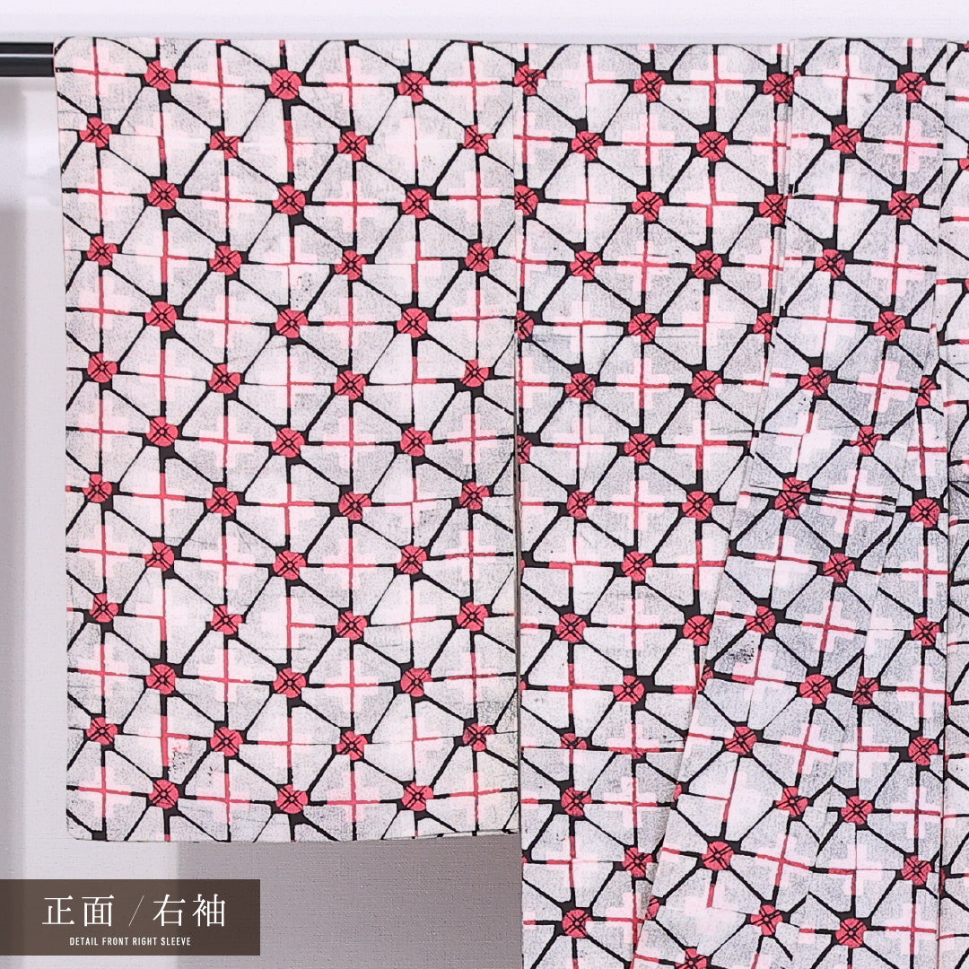 小紋 袷 身丈159cm 裄丈63cm 正絹 Aランク インフォーマル 広衿 Mサイズ 格子 梅 グレー系 HP 1221-11582