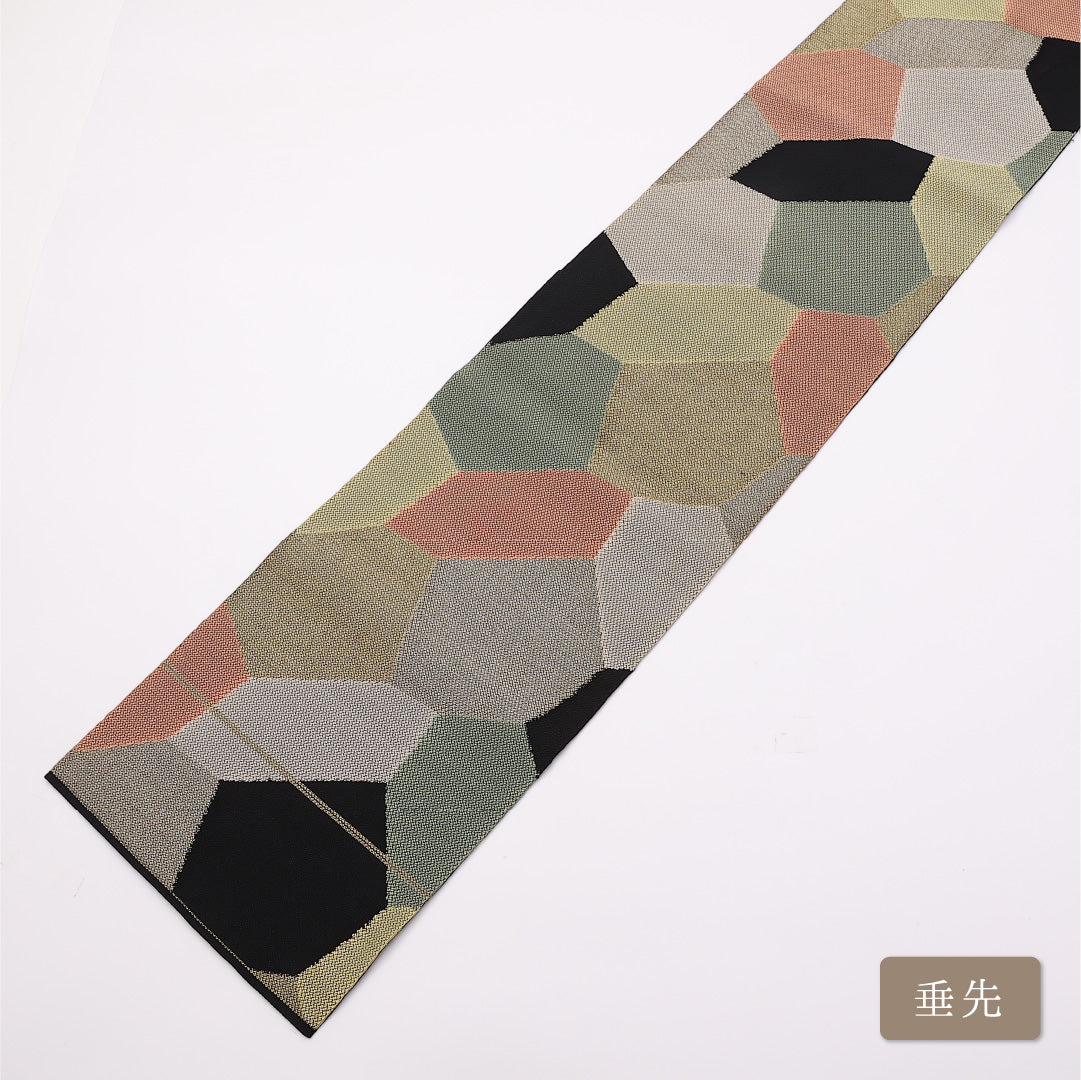 名古屋帯 帯丈342cm 六通 松葉仕立て Bランク カジュアル 切嵌め 正絹 黒系 1224-01036