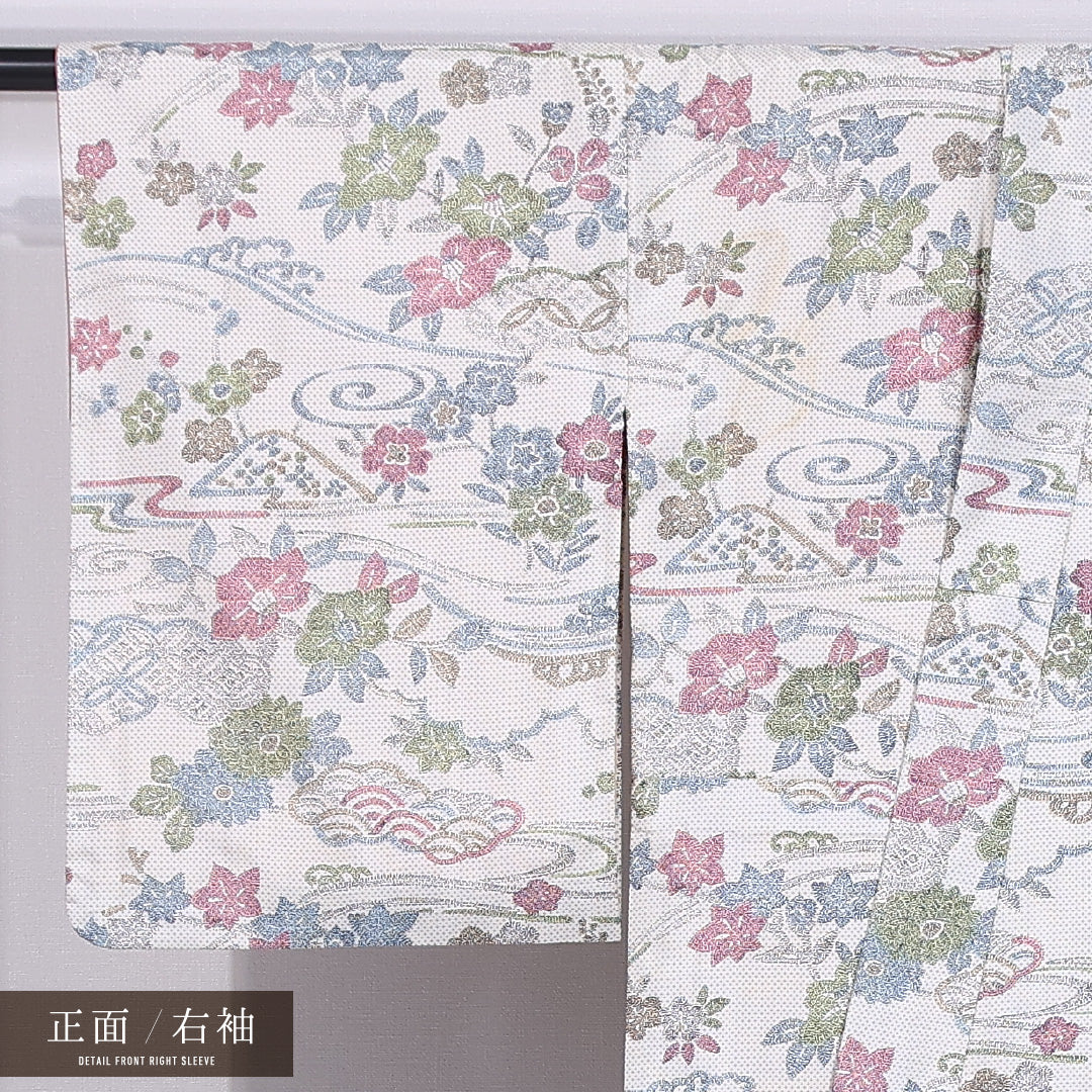 紬 袷 身丈149cm 裄丈62cm 正絹 Bランク カジュアル バチ衿 XSサイズ 流水 十字絣 桔梗 朝顔 白系 RP 1223-11709