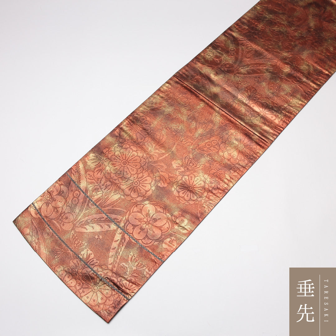 袋帯 帯丈430cm 正絹 六通 セミフォーマル 花柄 茶系 金系 1243-01215
