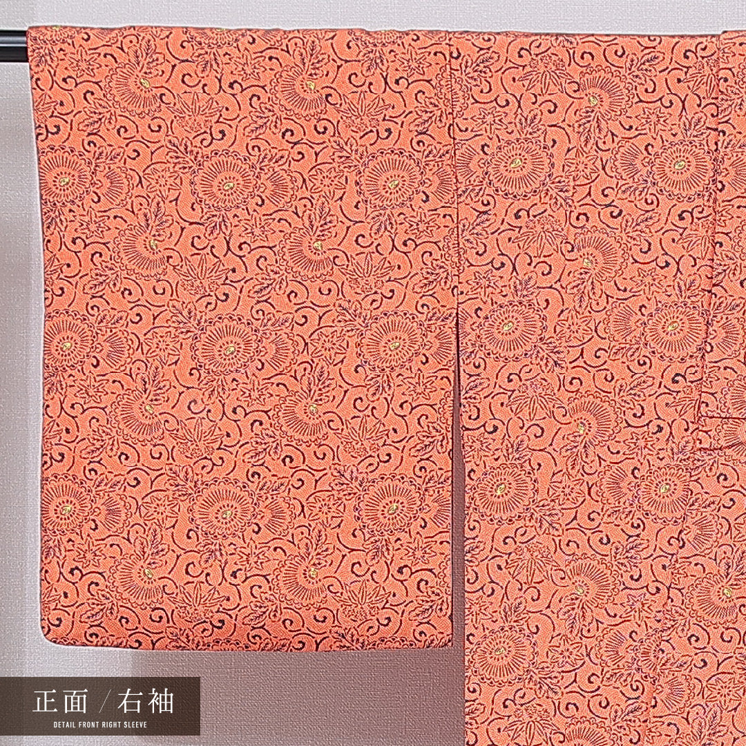 小紋 袷 身丈164cm 裄丈64cm 正絹 Sランク インフォーマル 広衿 Lサイズ 唐菊 朱系 RP 1221-15731