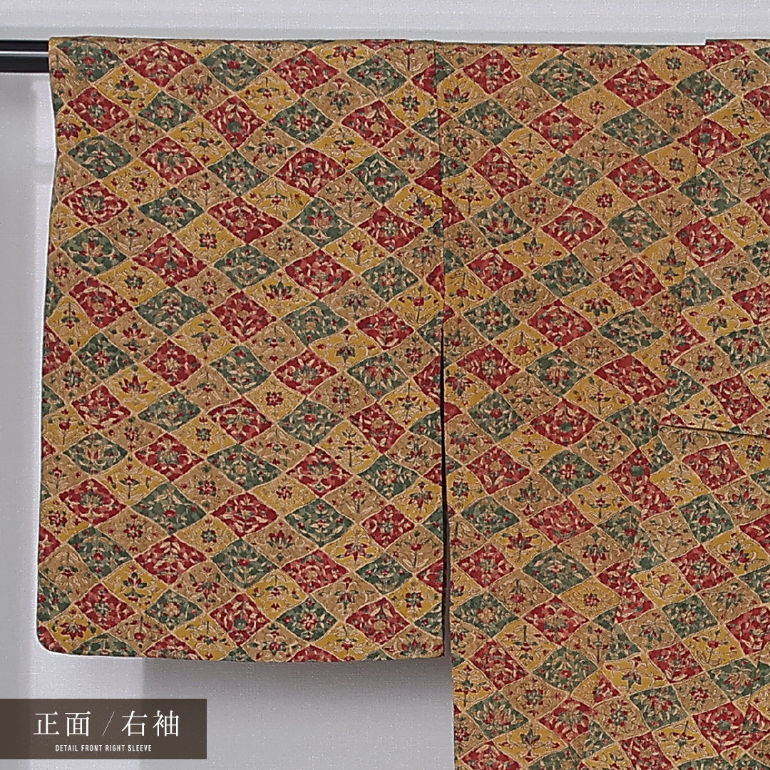 小紋 単衣 身丈157cm 裄丈62cm 正絹 Sランク インフォーマル 広衿 Mサイズ 更紗 花柄 茶系 RP 1221-12225