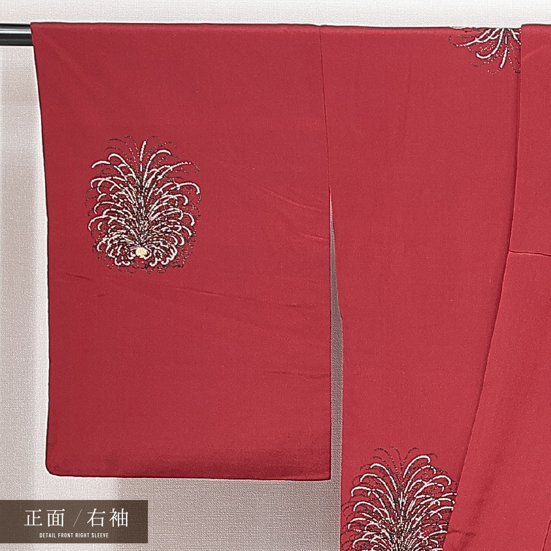 アンティーク お召 袷 身丈153cm 裄丈62cm 正絹 Aランク Sサイズ 広衿 菊 赤系 1265-14893