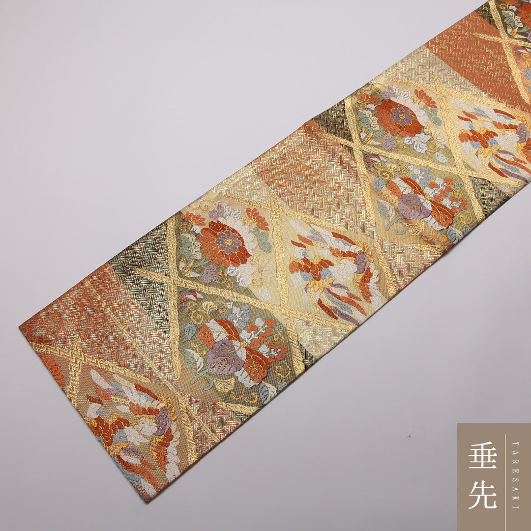 袋帯 帯丈436cm 正絹 六通 フォーマル 格天井 吉祥文様 クリーム系 1243-01398
