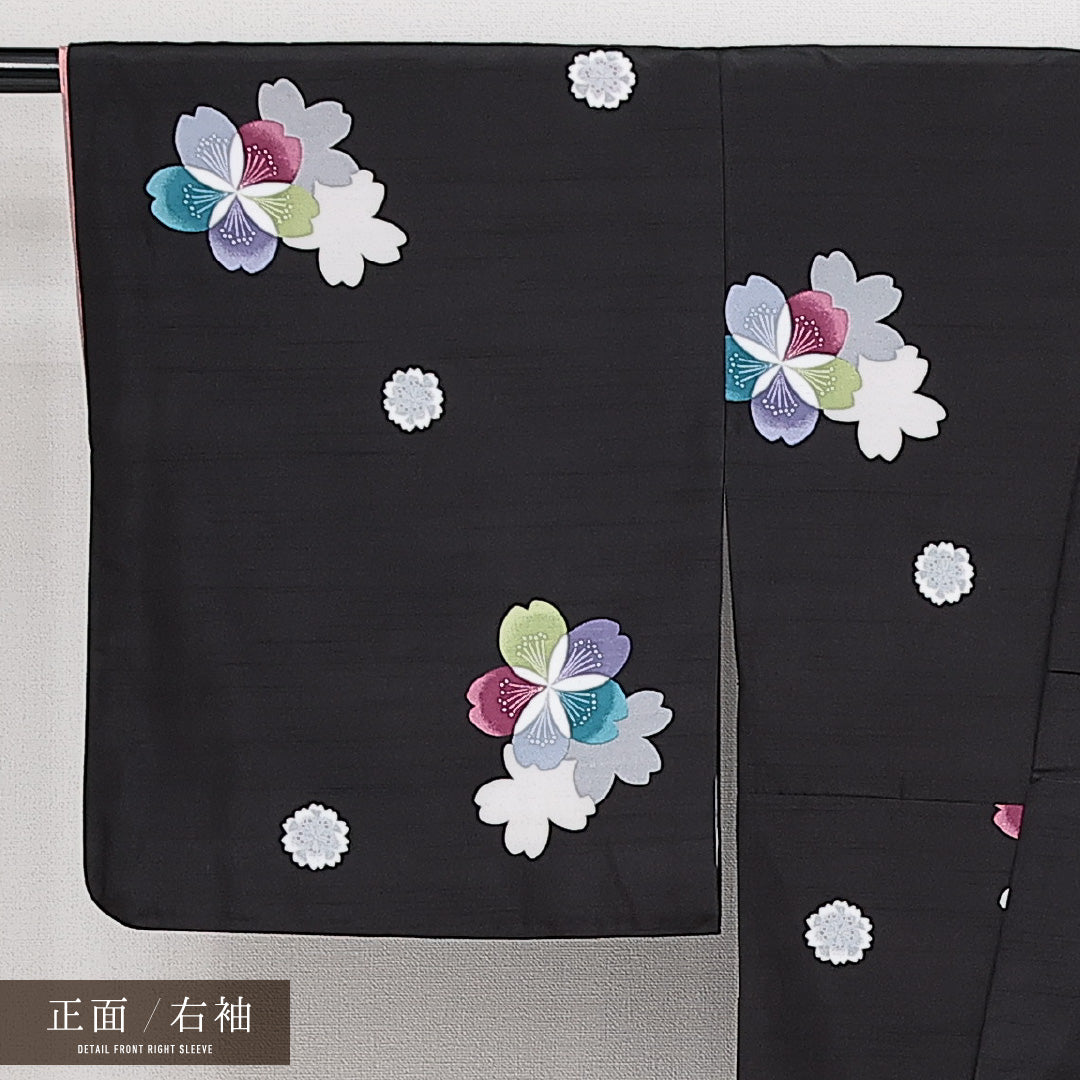 洗える着物 小紋 袷 身丈166cm 裄丈66cm ポリエステル Sランク インフォーマル バチ衿 XLサイズ 桜 黒系 RP 1221-14305