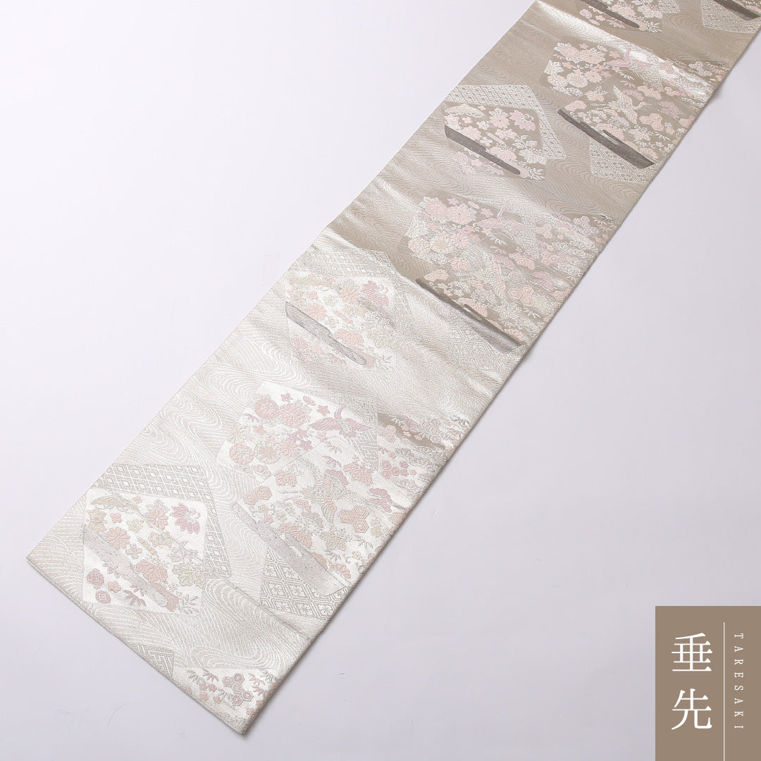 袋帯 帯丈432cm 六通 フォーマル Sランク 正絹 鶴 吉祥文様 古典的 格調高い 銀系 1223-01604