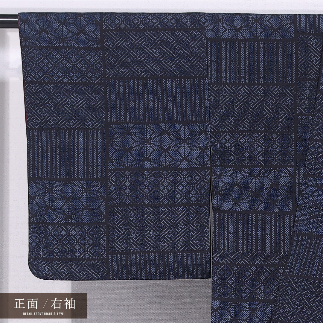 紬 袷 身丈152cm 裄丈62cm 正絹 Aランク カジュアル 広衿 Sサイズ 麻の葉 紺系 RP 1223-11828