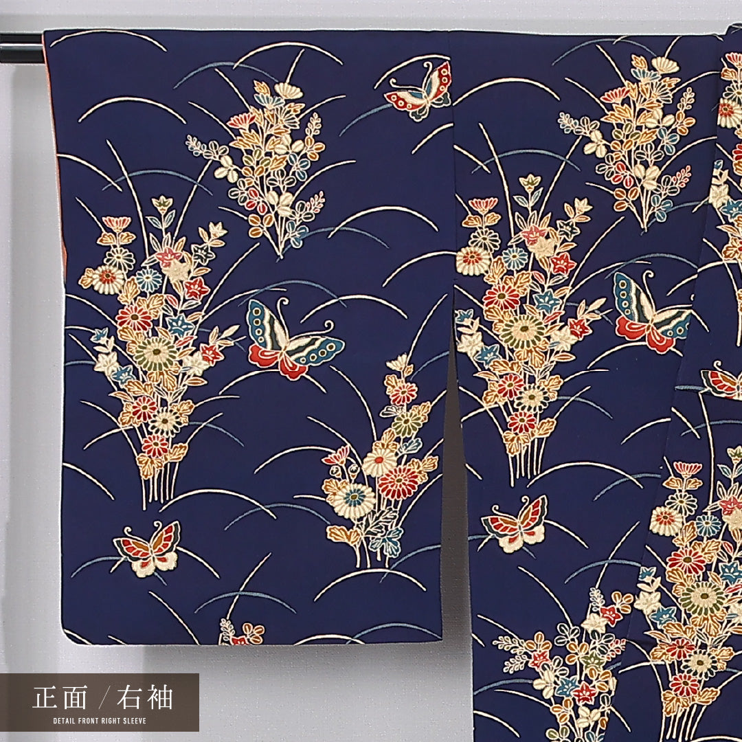 小紋 袷 身丈162cm 裄丈65cm 正絹 Aランク インフォーマル バチ衿 Lサイズ 蝶 芝草 花柄 紺系 HP 1221-12376