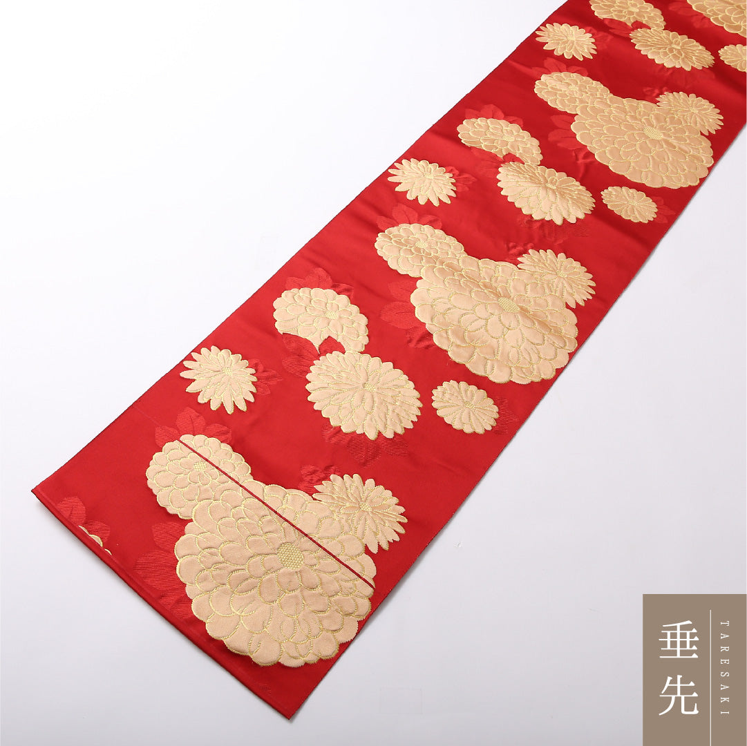 八寸名古屋帯 Aランク 帯丈360cm 正絹 六通 開き仕立て 織り セミフォーマル 菊 赤系・金系 HP 1245-03052