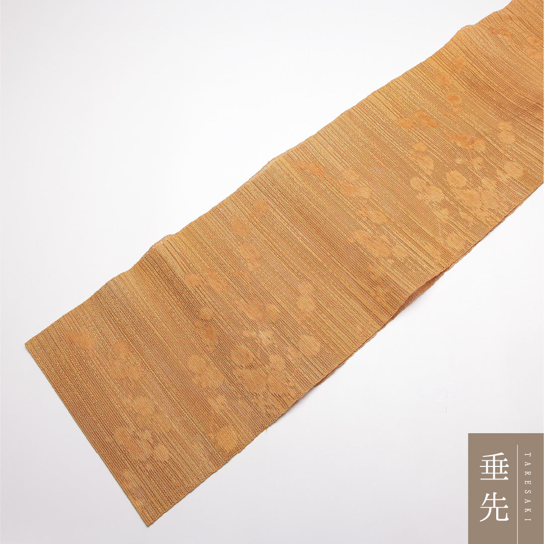 夏物 名古屋帯 全通 帯丈351cm カジュアル Sランク 正絹 羅 植物柄 創作 ベージュ系 1224-01936