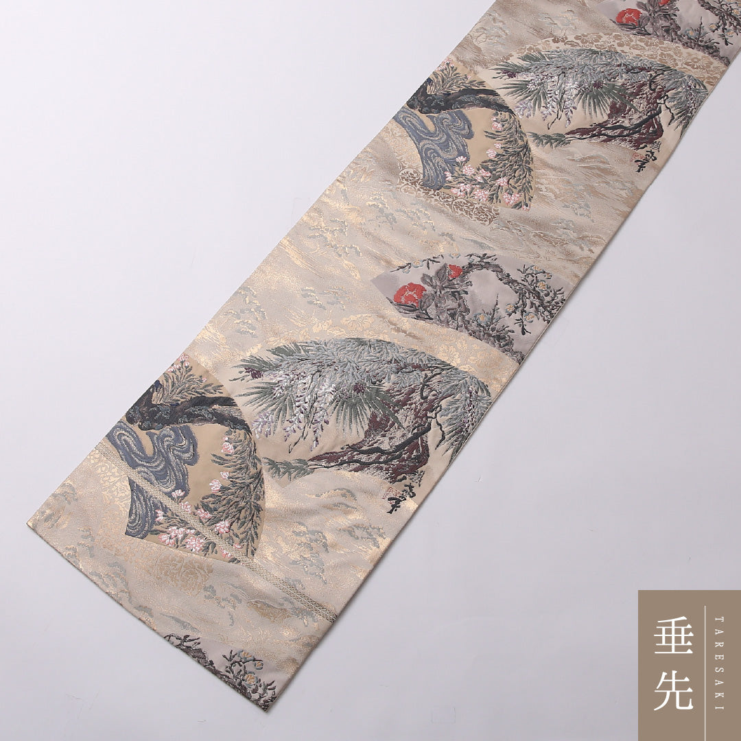 袋帯 帯丈420cm 正絹 全通 フォーマル 扇面文 流水 松 クリーム系 1243-01574
