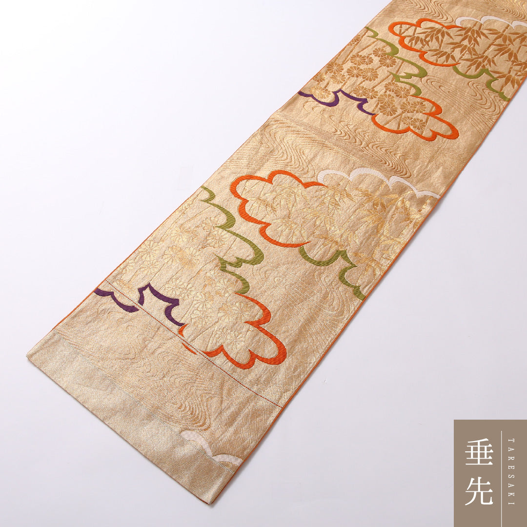 アンティーク 袋帯 帯丈424cm 六通 未仕立て Aランク 正絹 雲取り 吉祥文様 古典的 淡い 金系 1223-01676