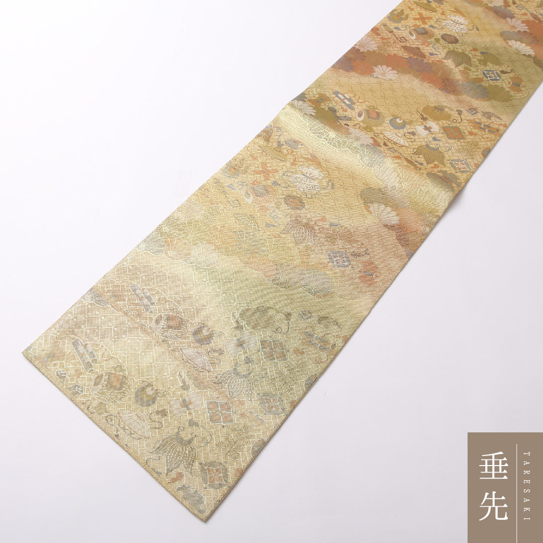 袋帯 帯丈428cm 正絹 六通 フォーマル 楼閣 山水 金系 1243-01622