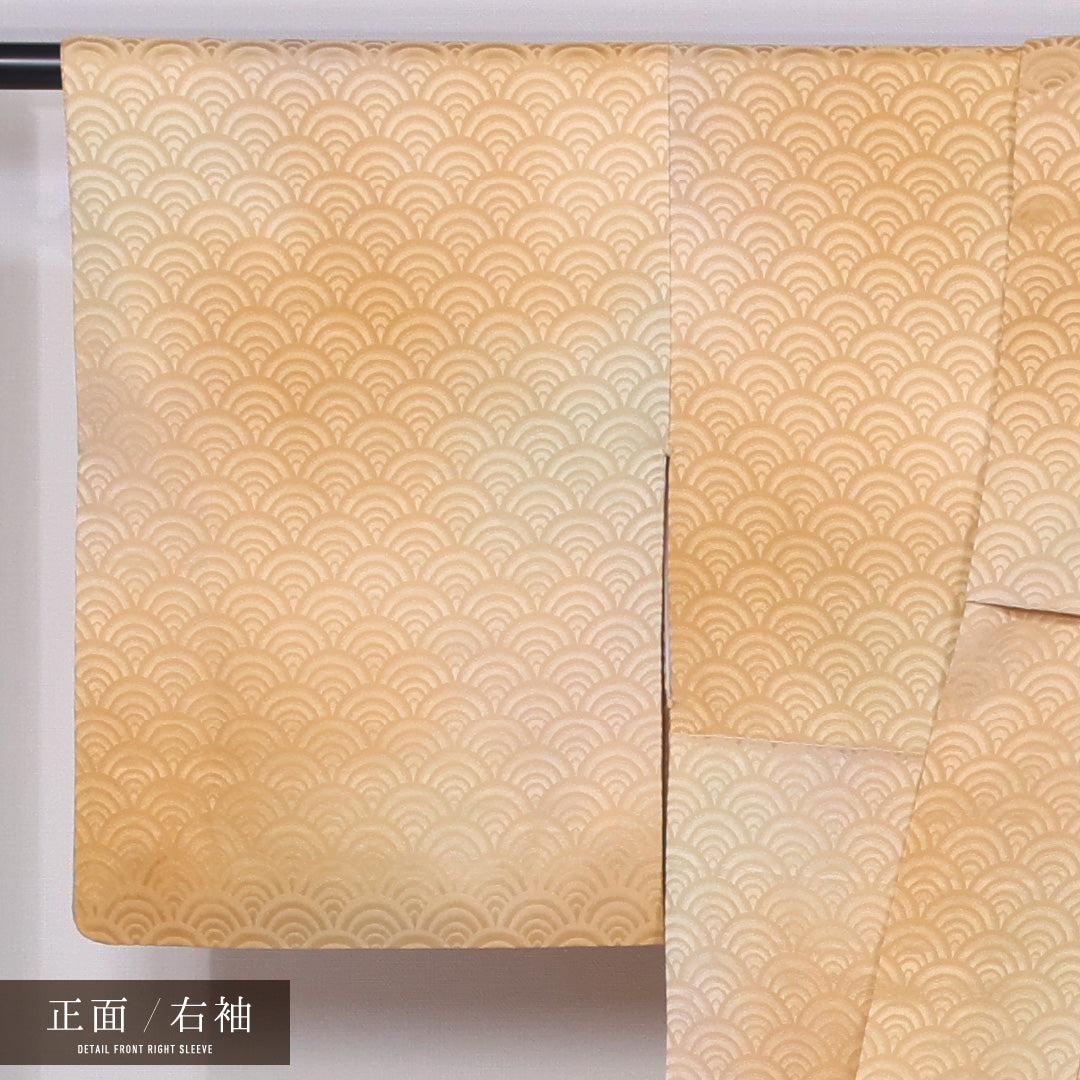 小紋 袷 身丈155cm 裄丈62cm 正絹 Bランク 一つ紋 (橘) セミフォーマル 広衿 Mサイズ 色無地 ぼかし染 青海波 黄系 RP 1221-11455