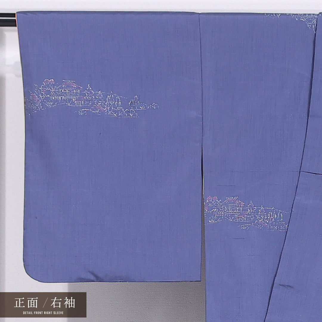 紬 袷 身丈160cm 裄丈63cm 正絹 Cランク カジュアル 広衿 Lサイズ 経総絣 風景柄 建物 紫系 LP 1223-11565