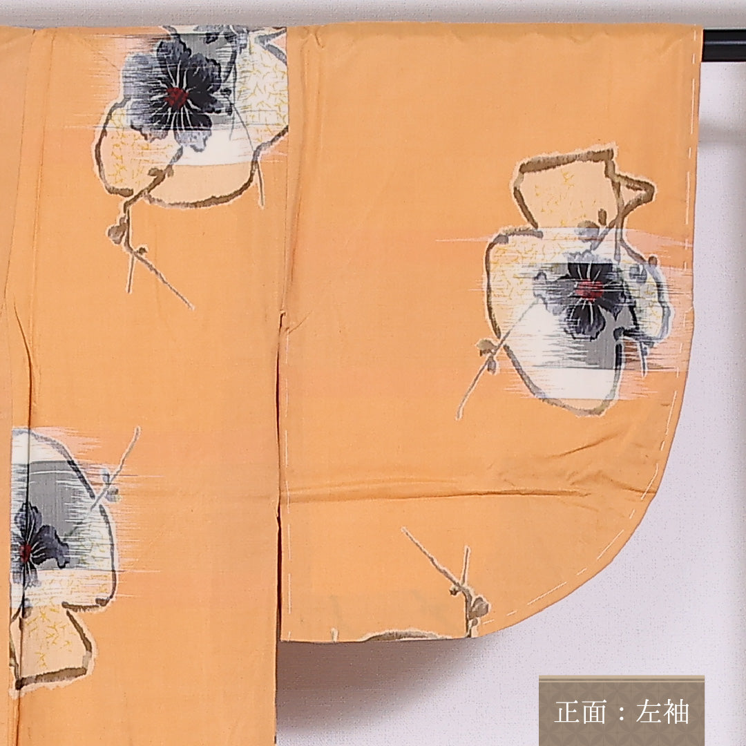 銘仙 紬 袷 身丈145cm 裄60cm 正絹 ボタニカル 朱系 しつけ糸 Cランク 1216-01486