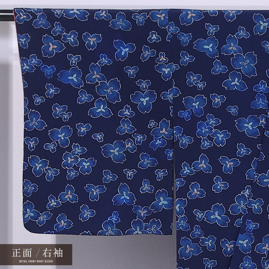 小紋 袷 身丈149cm 裄丈65cm 正絹 Cランク インフォーマル バチ衿 XSサイズ 花柄 紺系 HP 1221-11798