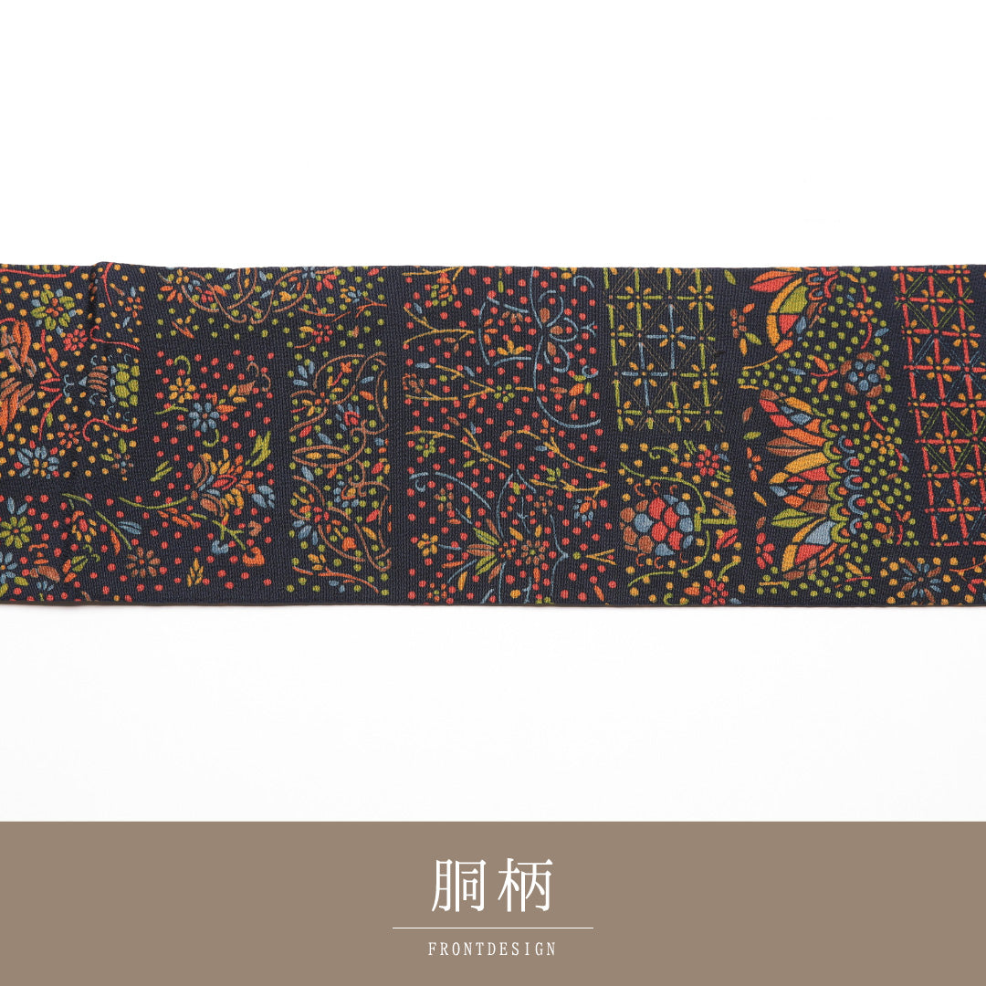 未使用品 九寸名古屋帯 Nランク 帯丈371cm 正絹 六通 名古屋仕立て 染め インフォーマル 塩瀬 創作柄 紺系 RP 1245-01772