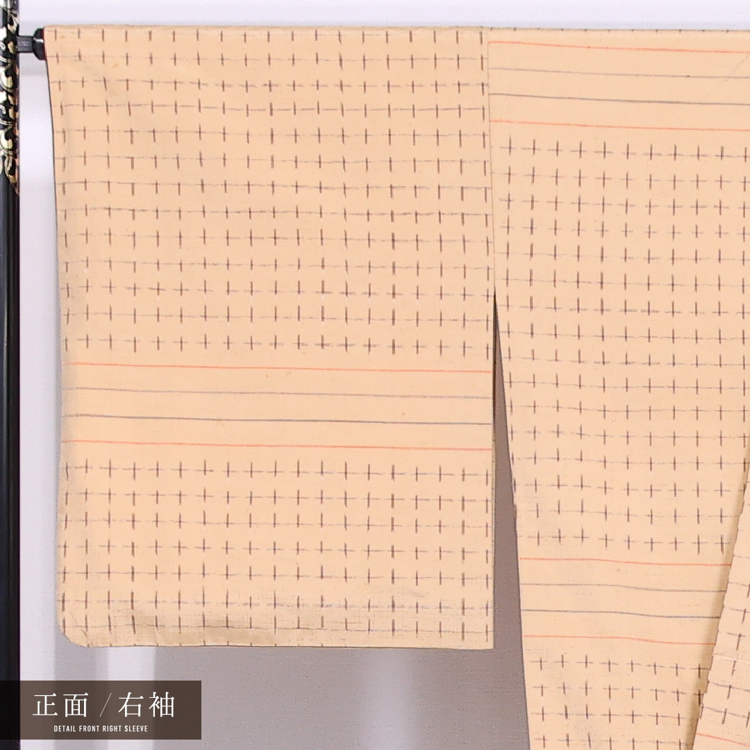 紬 袷 身丈162cm 裄丈67cm 正絹 Bランク カジュアル 広衿 Lサイズ 十字絣 ベージュ系 HP 1223-11555