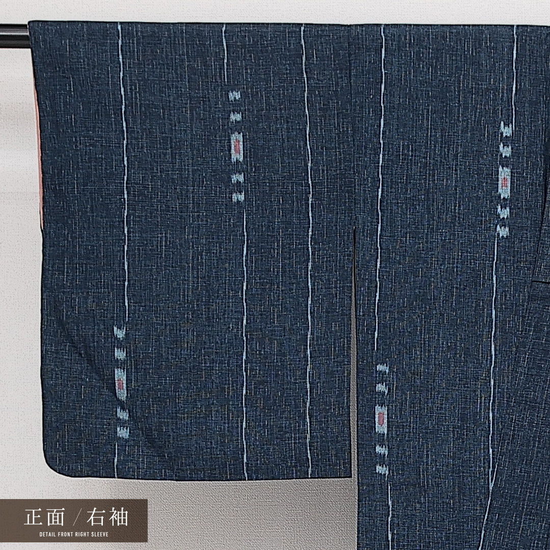 アンティーク 洗える着物 木綿の紬 袷 身丈155cm 裄丈61cm 木綿 Aランク バチ衿 Mサイズ 創作柄 紺系 RP 1223-14315