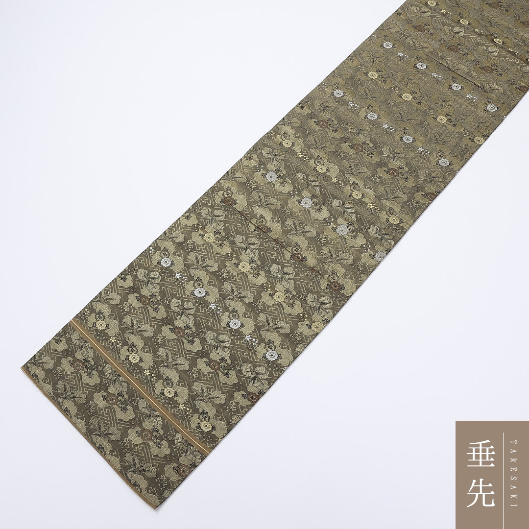 アンティーク 丸帯 帯丈388cm 全通 紗綾形 梅や笹 セミフォーマル 緑系 正絹 Sランク 1223-00901
