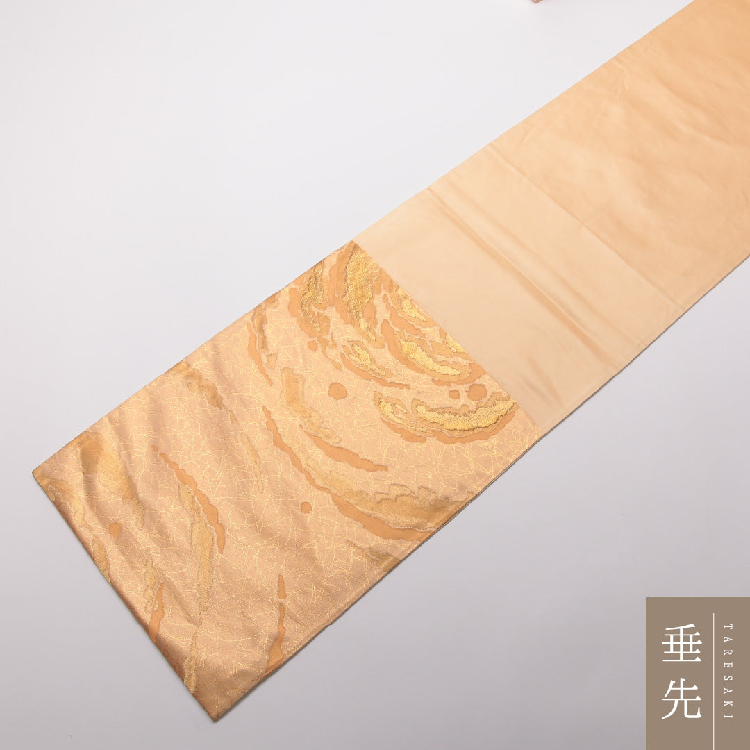 袋帯 帯丈434cm Sランク 六通 正絹 創作 金糸 インフォーマル 朱系 1223-01416