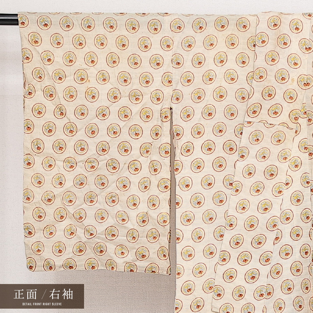 アンティーク 夏物 小紋 絽 身丈142cm 裄丈64cm 正絹 Cランク 広衿 XSサイズ 花柄 クリーム系 RP 1221-14240