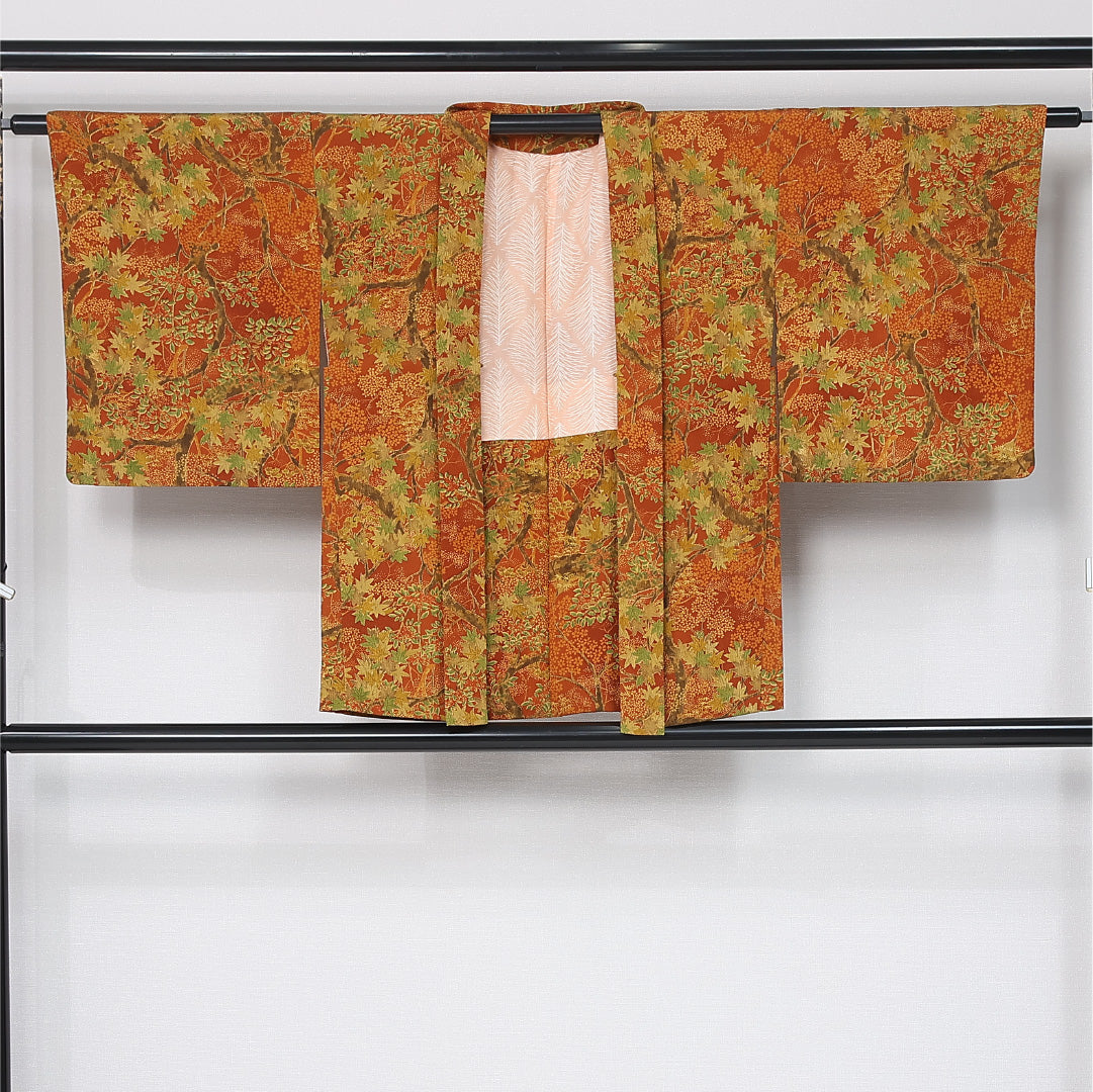 羽織 袷 身丈75cm 裄丈64cm 正絹 Sランク カジュアル Mサイズ 桜 紅葉 南天 朱系 RP 1232-12090