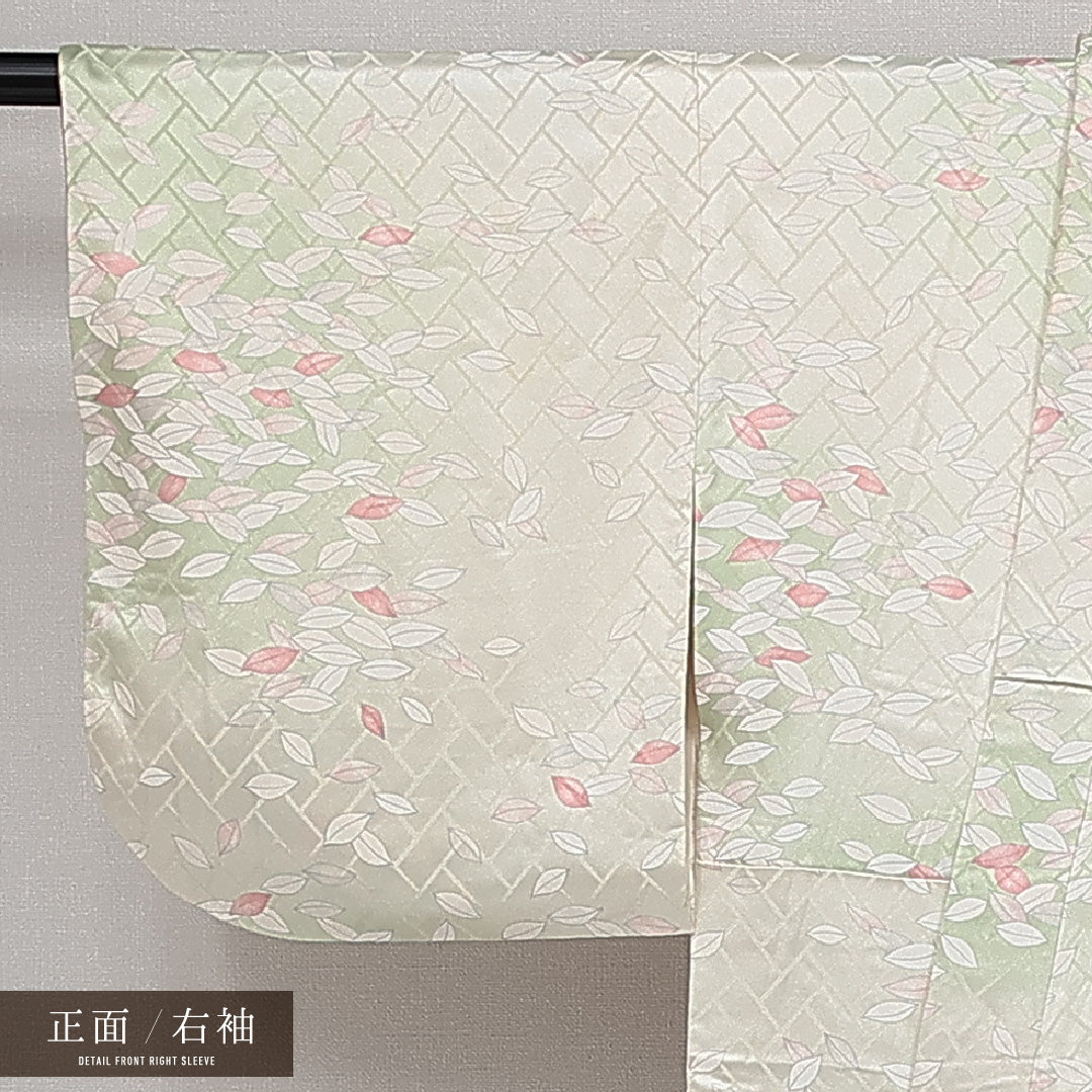 小紋 袷 身丈143cm 裄丈57cm 正絹 Sランク 紋意匠 (紗綾型) インフォーマル バチ衿 XSサイズ 植物柄 白系 RP 1221-14329