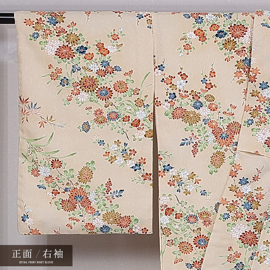 小紋 袷 身丈153cm 裄丈63cm 正絹 Aランク インフォーマル 広衿 Sサイズ 四季草花 クリーム系 RP 1221-11249