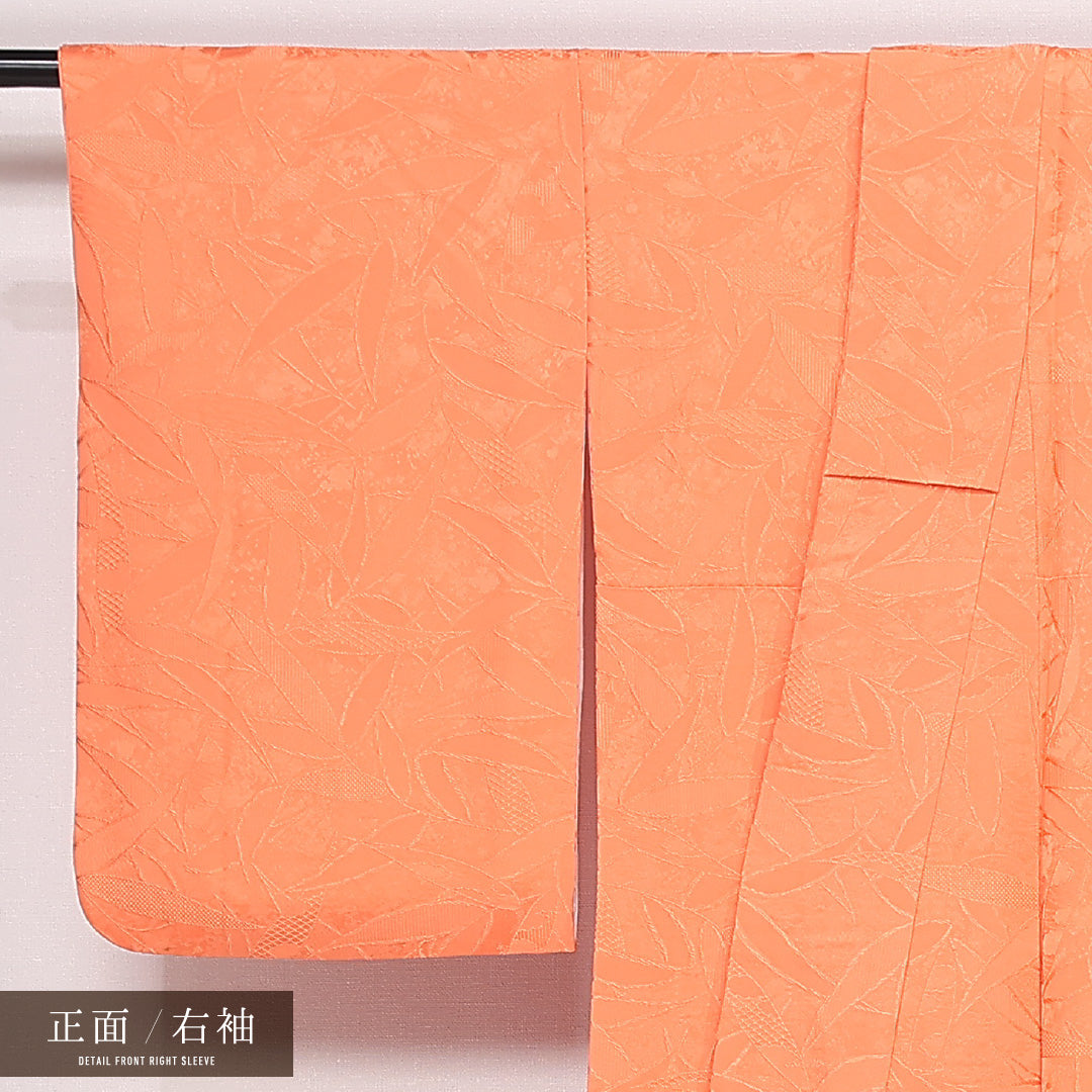 色無地 袷 身丈157cm 裄丈63cm 正絹 Aランク 一つ紋 (丸に橘) セミフォーマル 広衿 Mサイズ 笹 朱系 RP 1219-13399