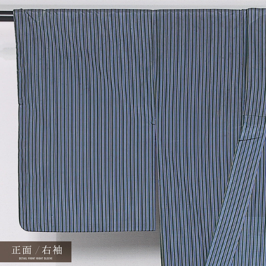アンティーク 紬 袷 身丈144cm 裄丈62cm 正絹 Aランク バチ衿 XSサイズ 縞 青系 M4 1223-12049