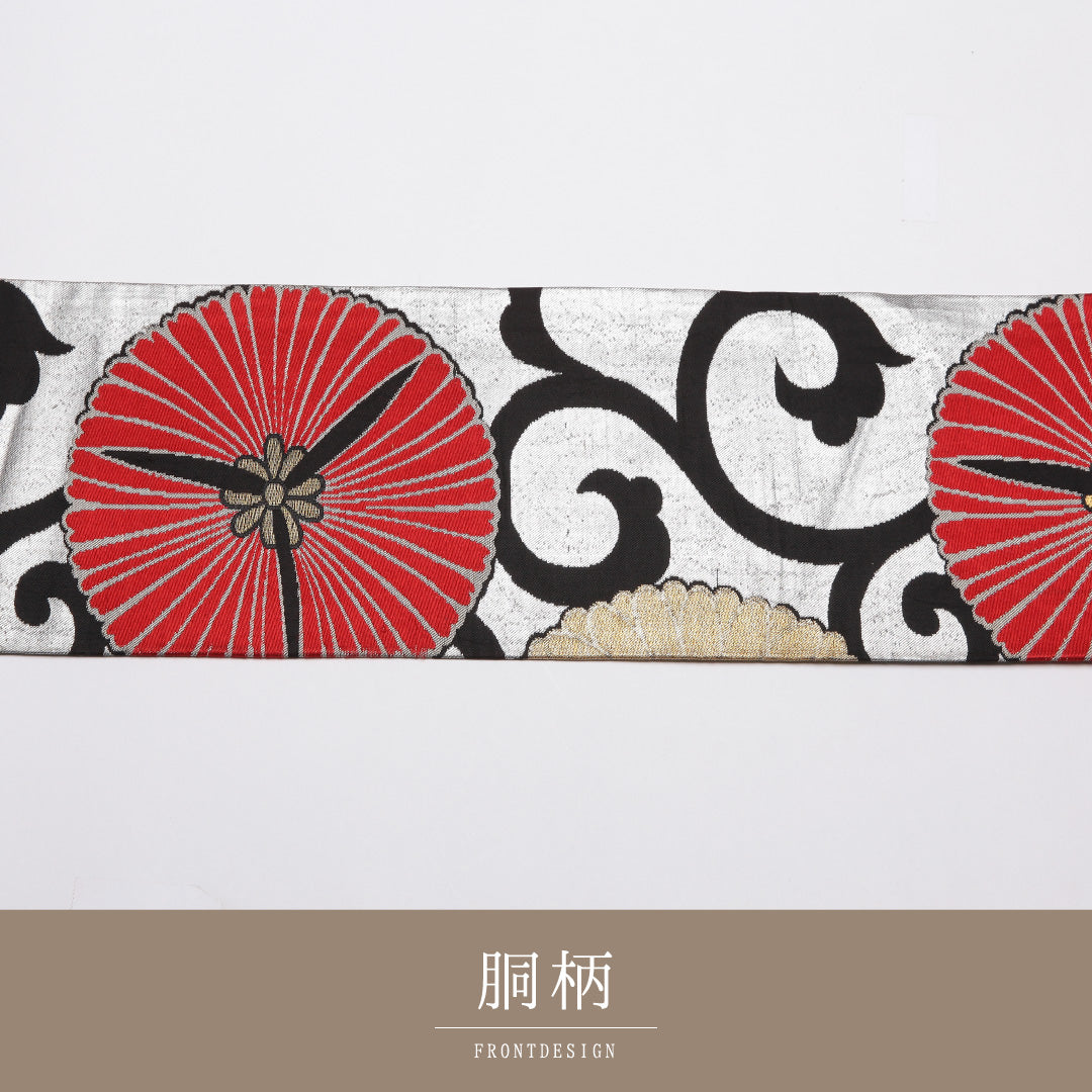 アンティーク 九寸名古屋帯 Aランク 帯丈329cm 正絹 六通 名古屋仕立て 織り 唐草 菊 銀系 M4 1245-01840