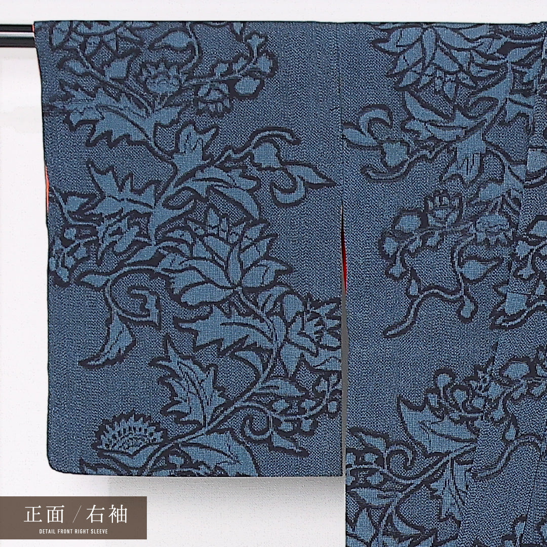 アンティーク 小紋 袷 身丈150cm 裄丈62cm 正絹 Aランク バチ衿 Sサイズ 唐草 紺系 M4 1221-12514