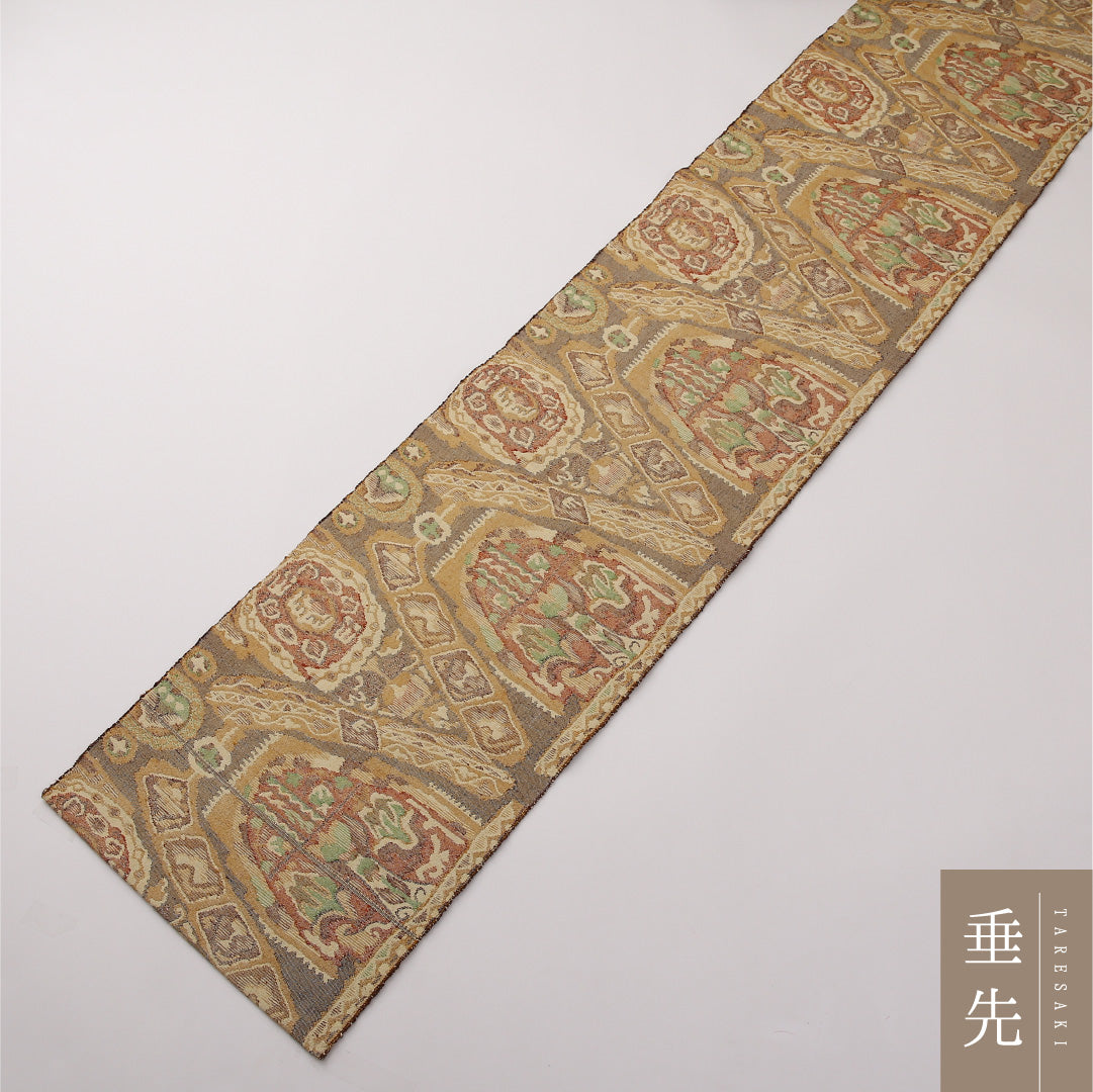 八寸名古屋帯 Sランク 帯丈338cm 正絹 全通 開き仕立て 織り カジュアル 紬 創作柄 黄系 RP 1245-02235