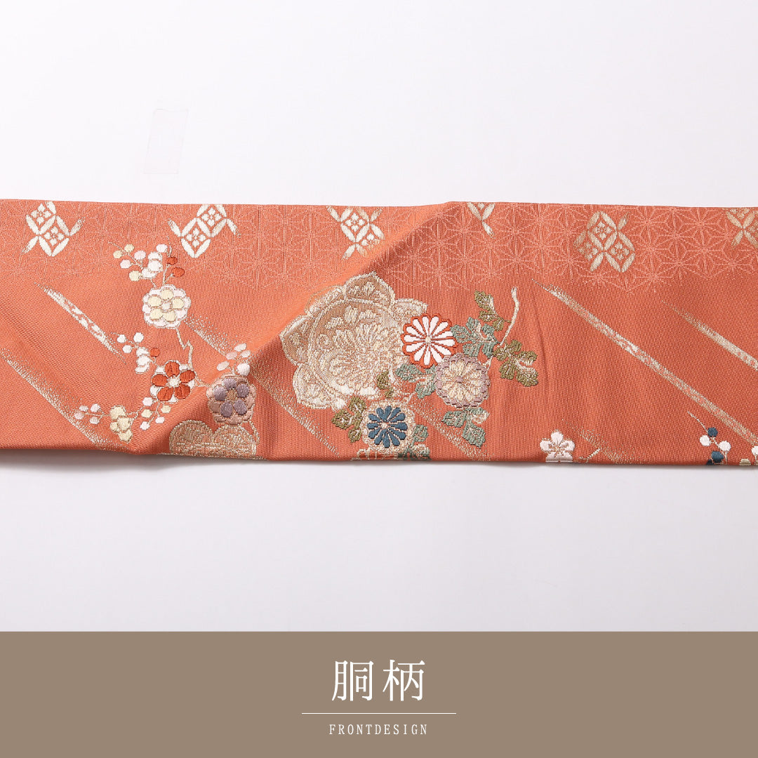 九寸名古屋帯 Sランク 帯丈360cm 正絹 六通 名古屋仕立て 織り セミフォーマル 唐草華文 四季草花 朱の混ざったピンク系 RP 1245-03009