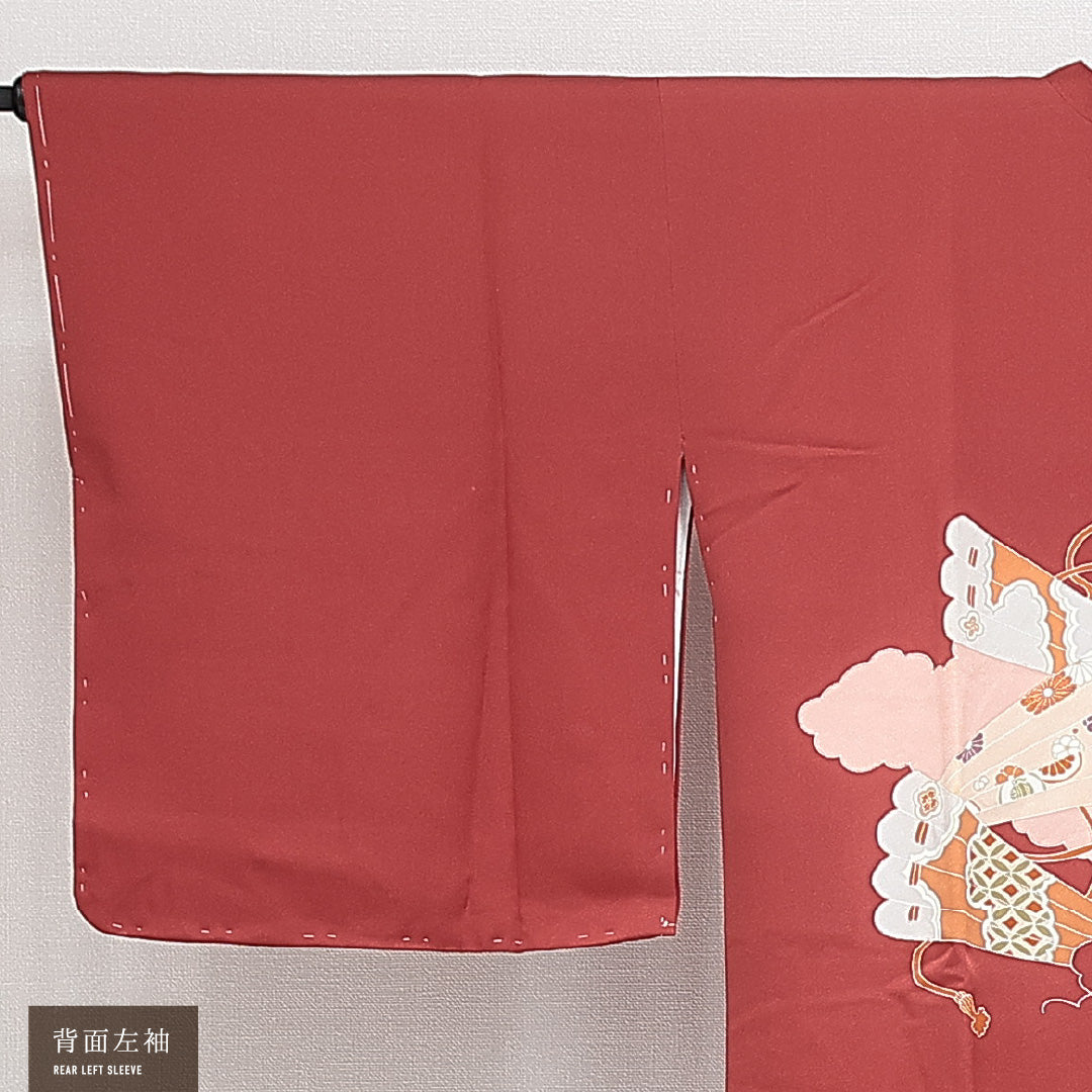道行コート 袷 身丈89cm 裄丈65cm 正絹 Sランク カジュアル Mサイズ ポケットあり 扇 赤系 RP 1237-14632