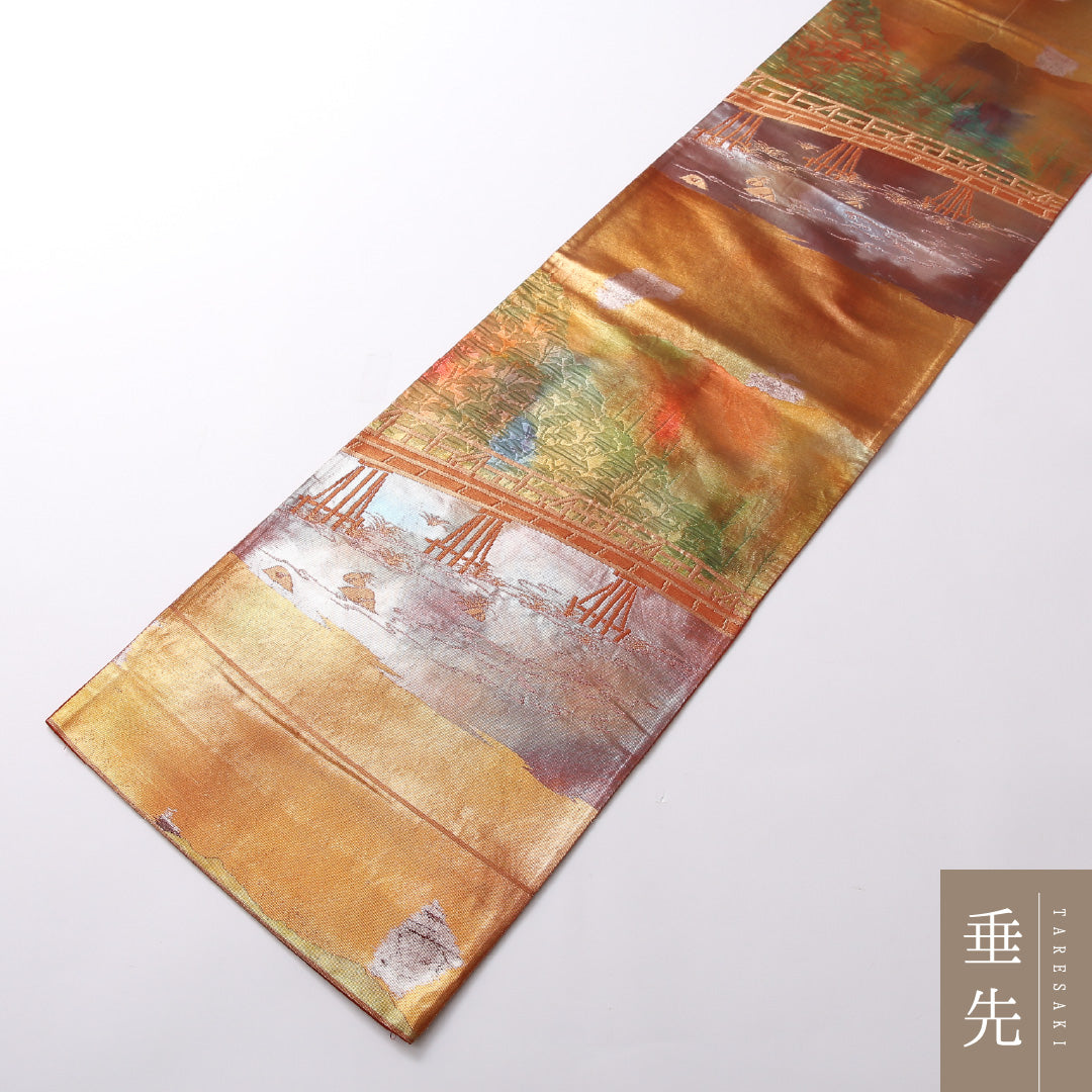 袋帯 帯丈412cm 正絹 六通 未仕立て セミフォーマル 渡月橋 京洛百景 嵐山 茶系 朱系 1243-01626
