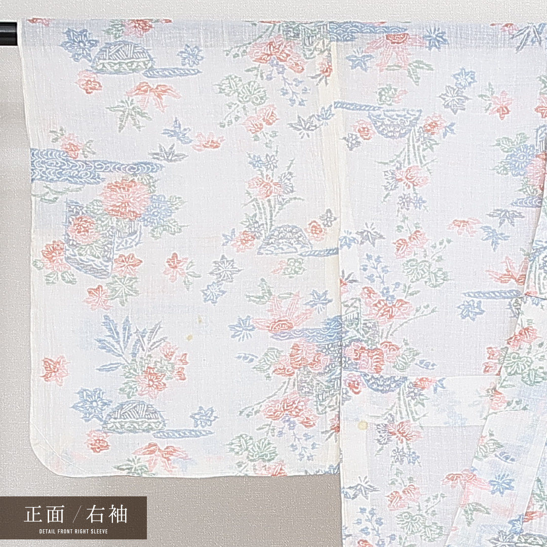 麻の紬 夏物 洗える着物 夏物 身丈159cm 裄丈65cm 麻 Bランク Mサイズ バチ衿 カジュアル 菊 紅葉 白系 1216-14591