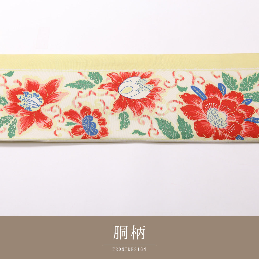 アンティーク 九寸名古屋帯 Cランク 帯丈340cm 正絹 全通 名古屋仕立て 染め 花柄 黄系 M4 1245-02826