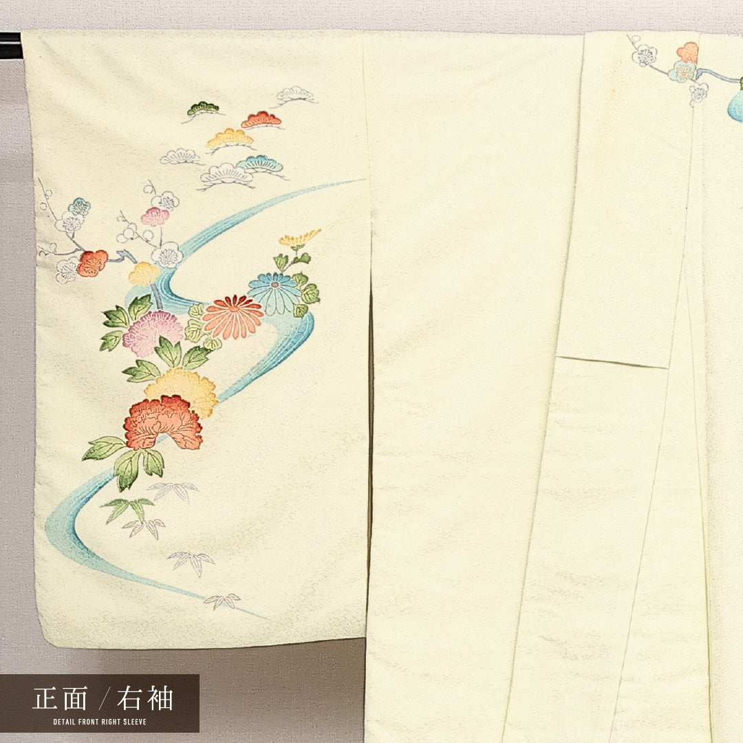 洗える着物 訪問着 袷 身丈158cm 裄丈61cm ポリエステル Cランク セミフォーマル 広衿 Mサイズ 金駒刺繍 扇 牡丹 黄系 LP 1217-14020