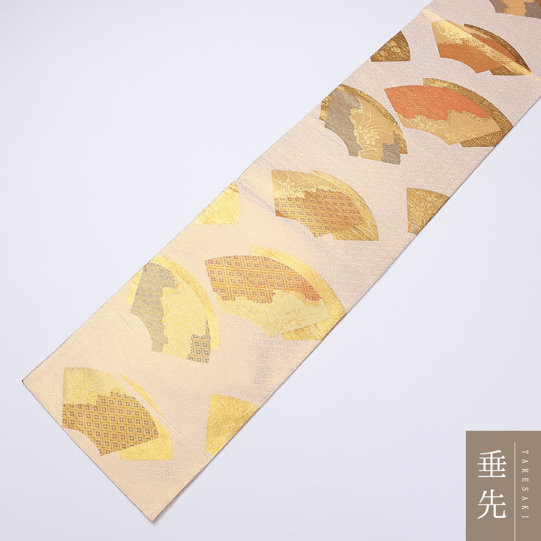 袋帯 帯丈450cm 六通 檜扇 紋意匠 フォーマル 金系 正絹 Sランク 1223-00983